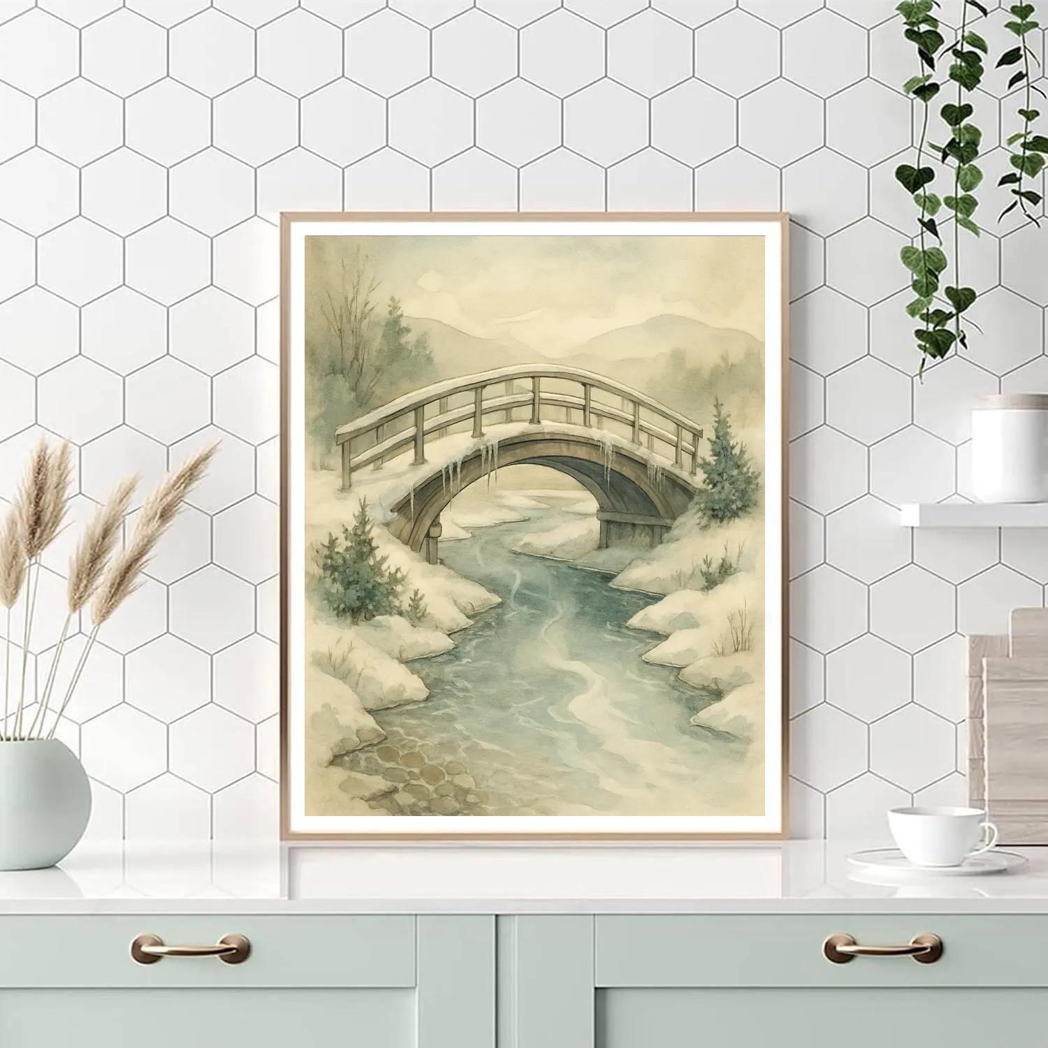Frosted Bridge Over Winter Stream Landscape Art paint by number