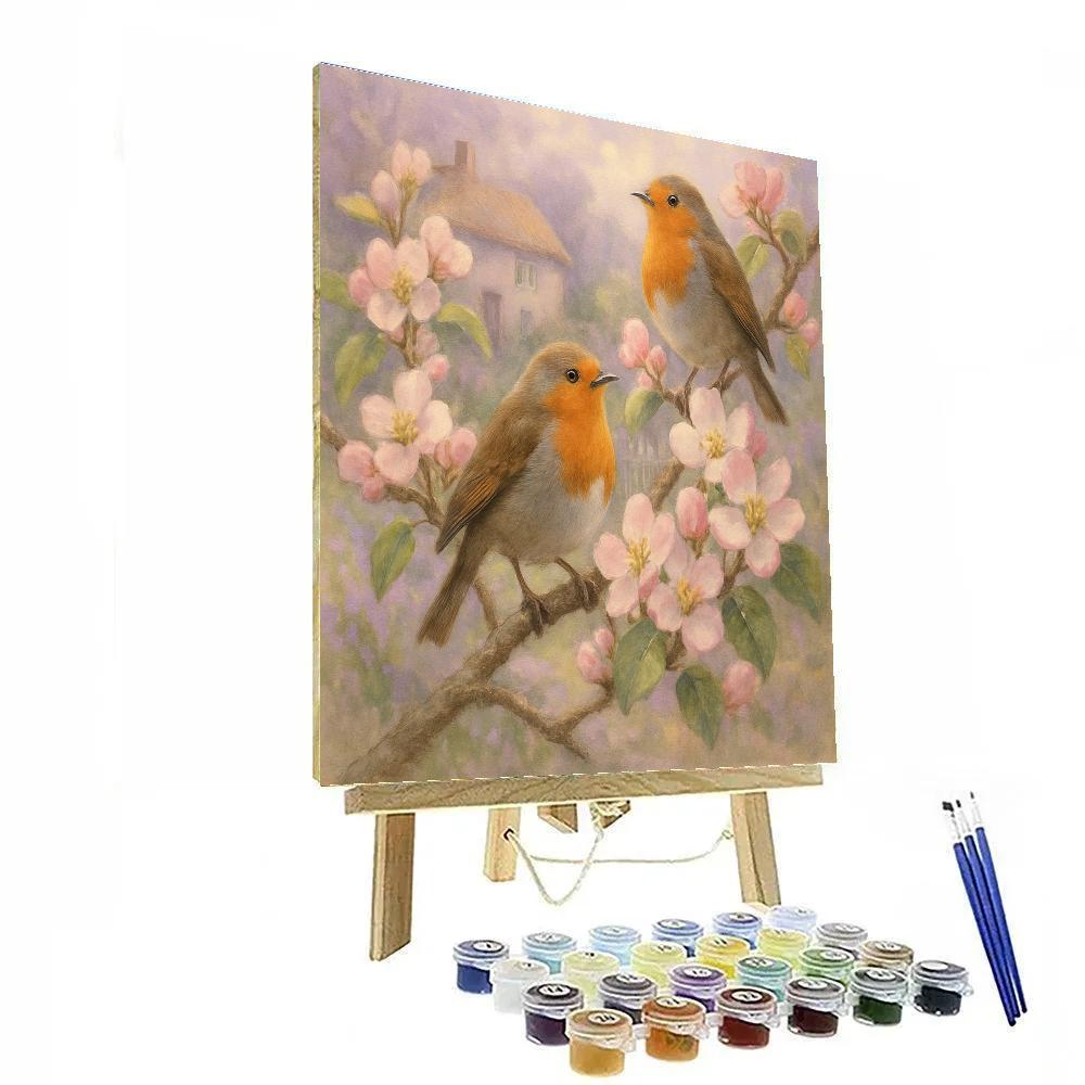 Garden Robins And Spring Blossoms paint by number