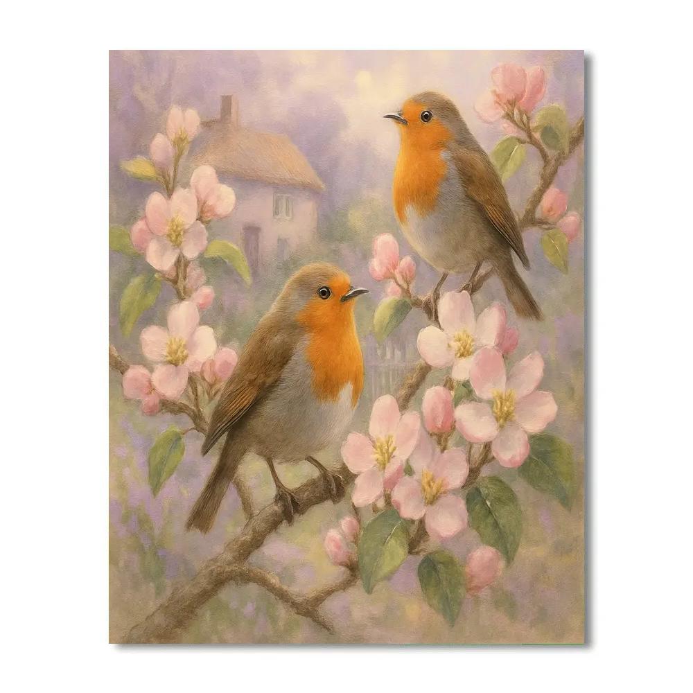 Garden Robins And Spring Blossoms paint by number