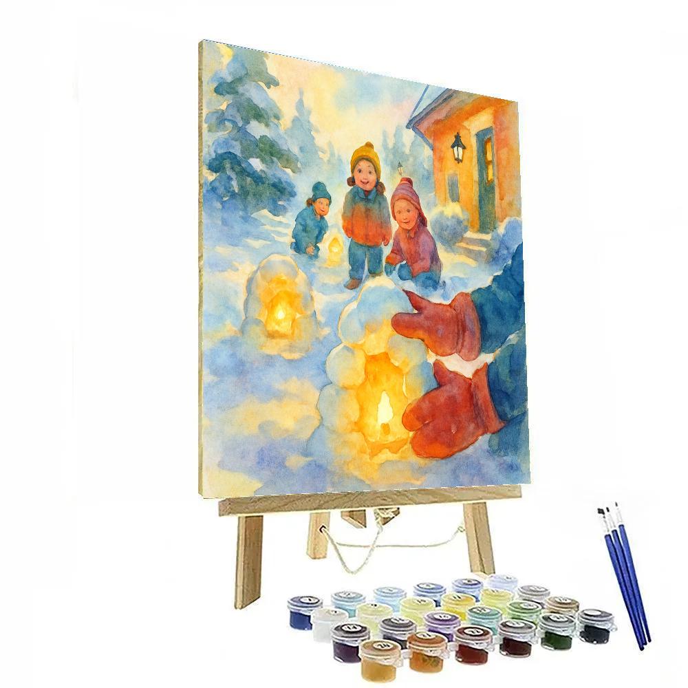 Children Building Snow Lanterns Winter Landscape Art Numbered painting kits