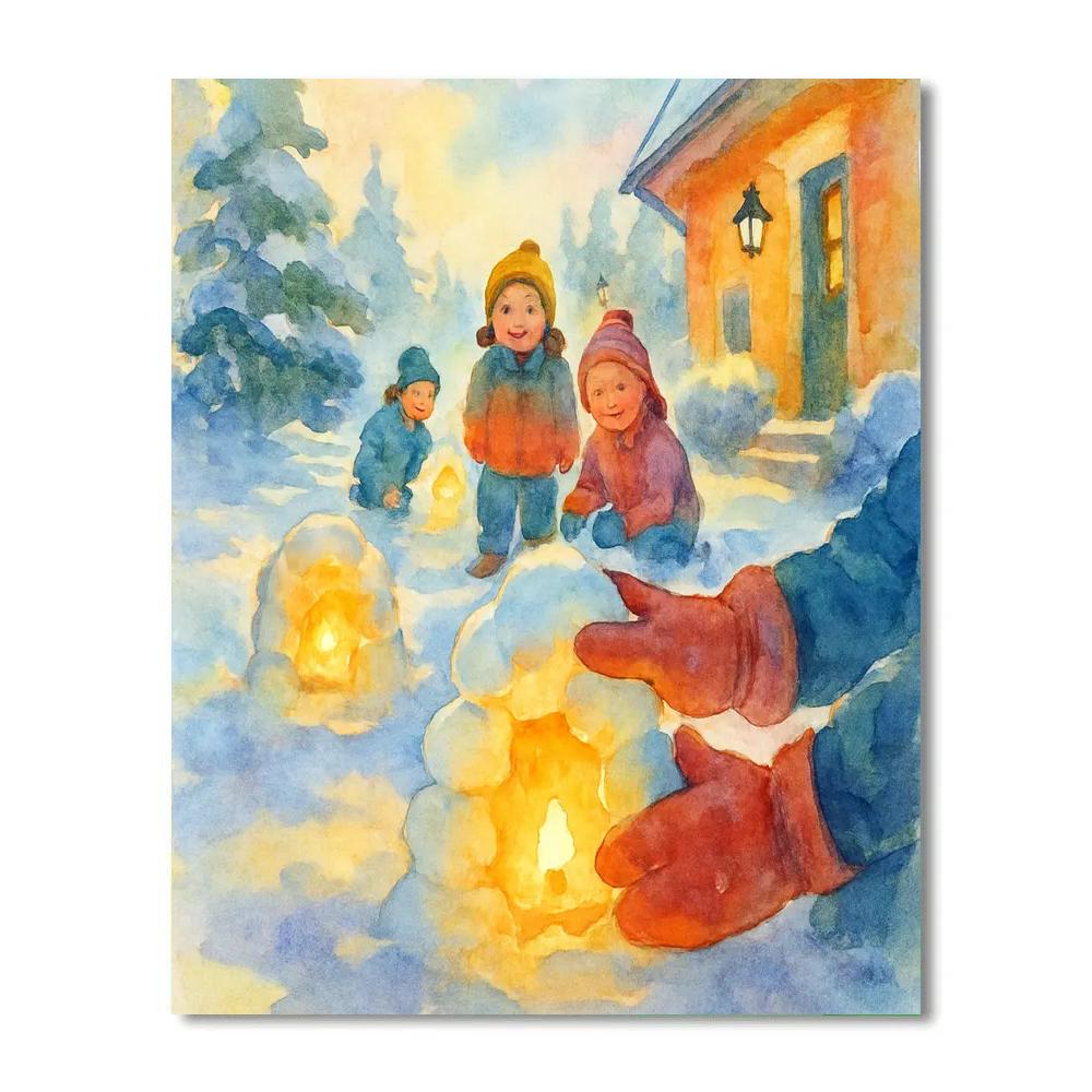 Children Building Snow Lanterns Winter Landscape Art Numbered painting kits