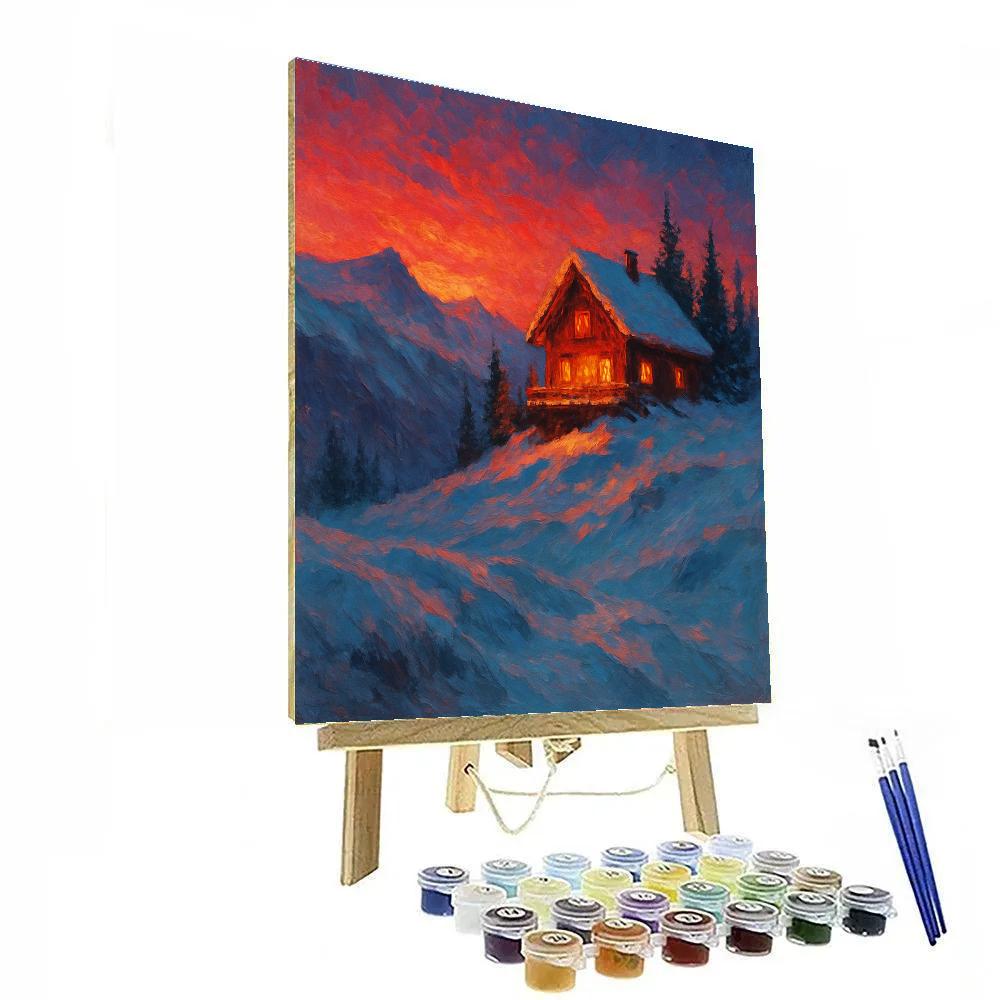 Mountain Chalet Sunset Winter Landscape Art Painting by numbers kit
