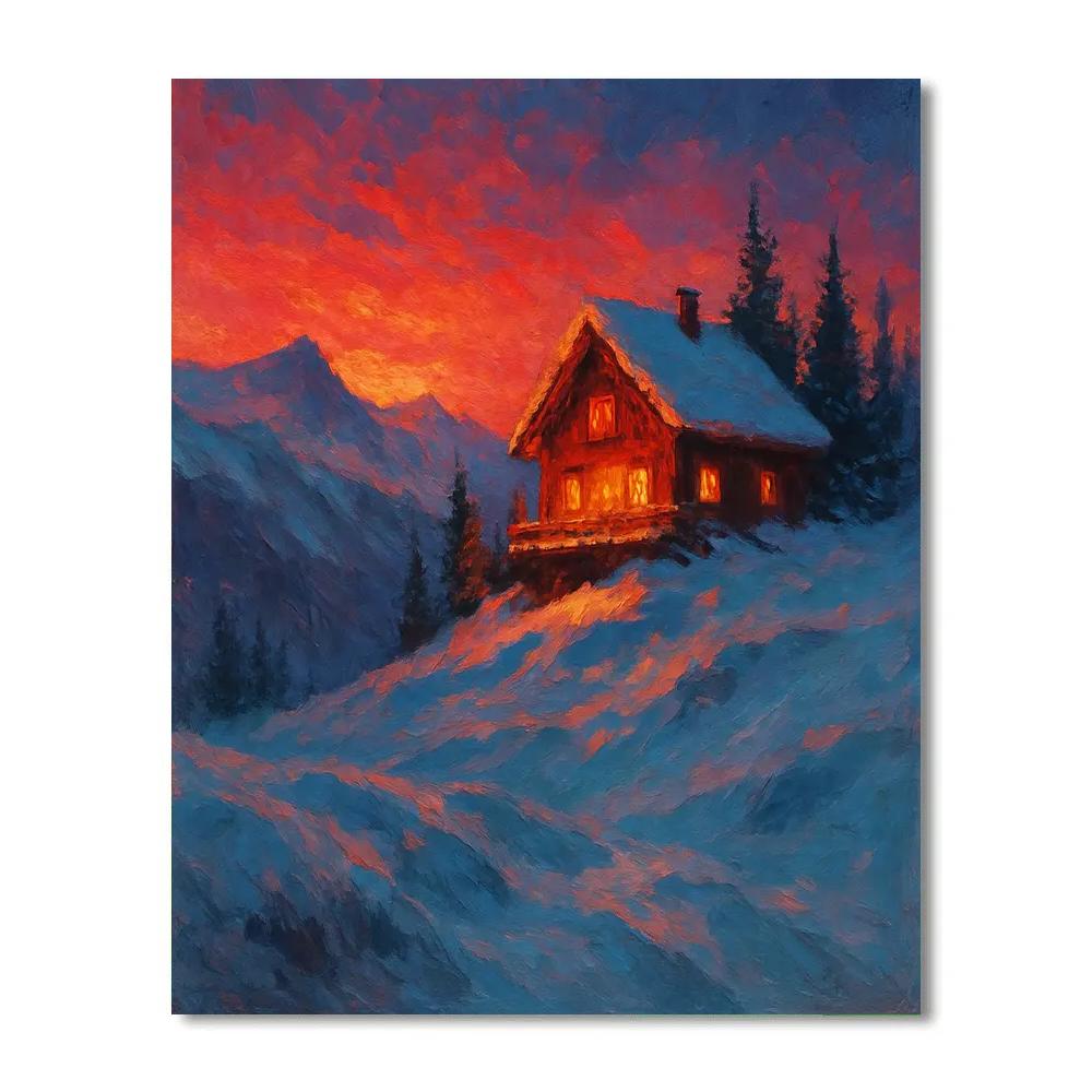 Mountain Chalet Sunset Winter Landscape Art Painting by numbers kit