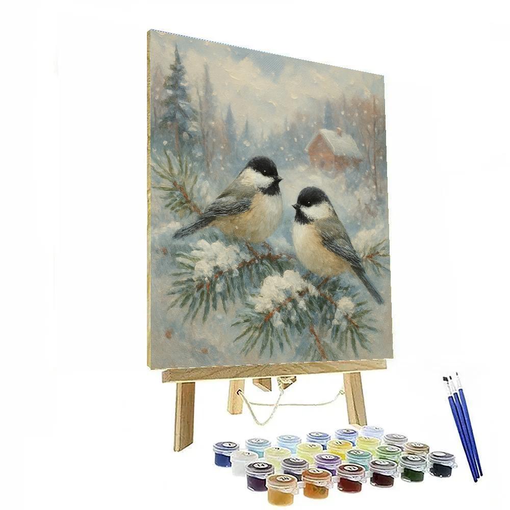 Snowy Chickadees On Pine Boughs Number painting