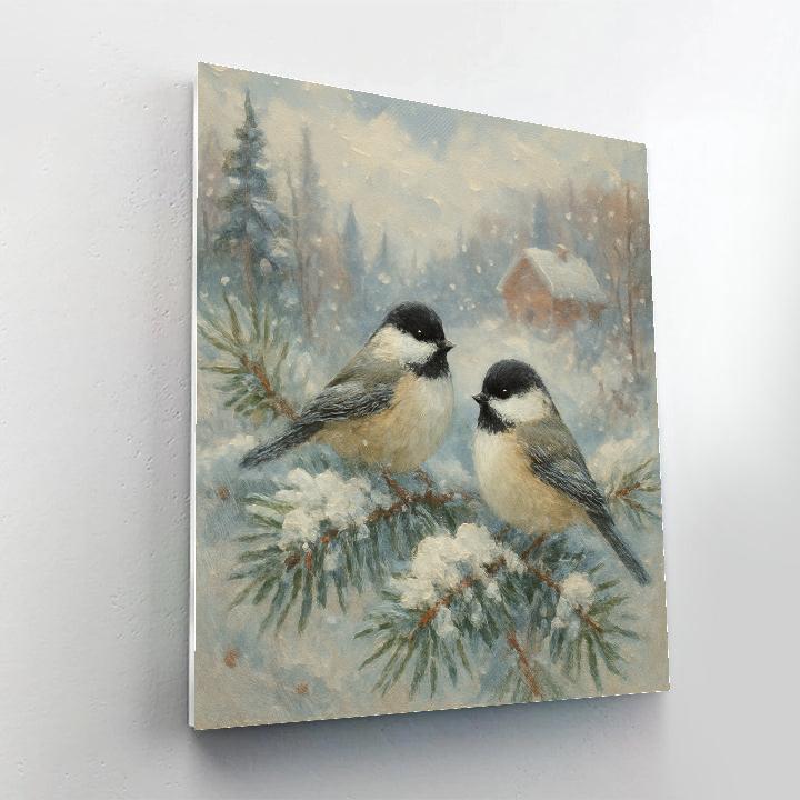 Snowy Chickadees On Pine Boughs Number painting