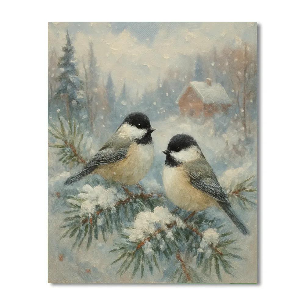 Snowy Chickadees On Pine Boughs Number painting