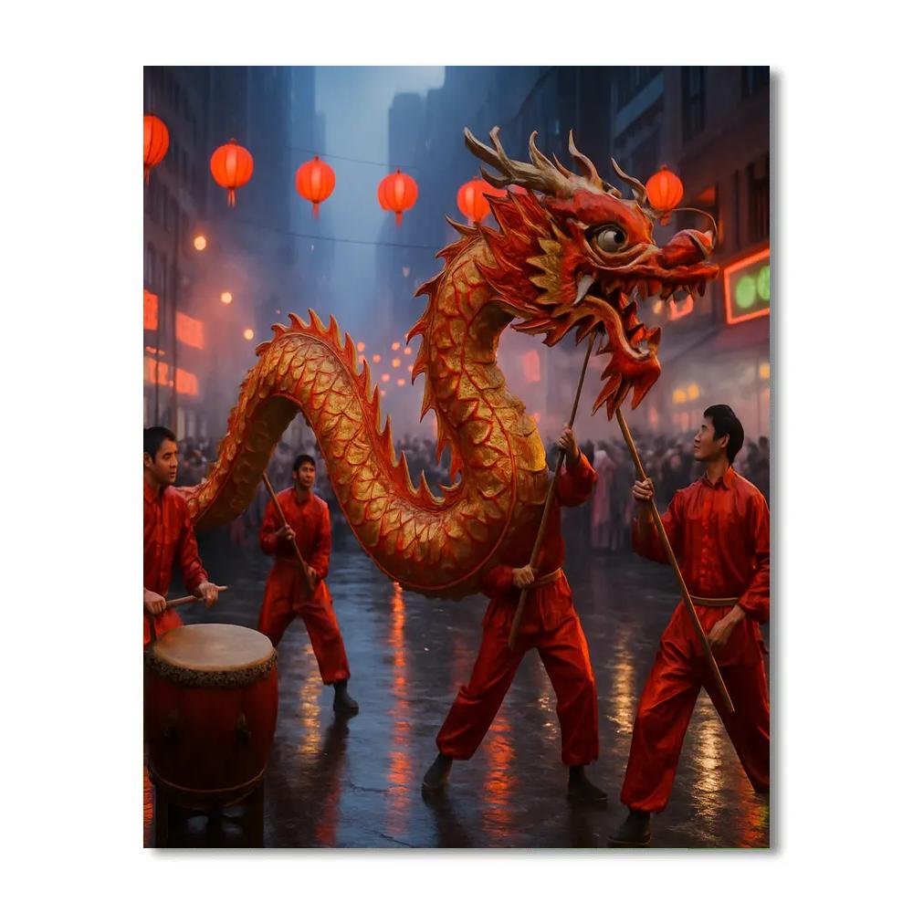 Lunar New Year Dragon Dance On Wet City Street Painting by numbers kit