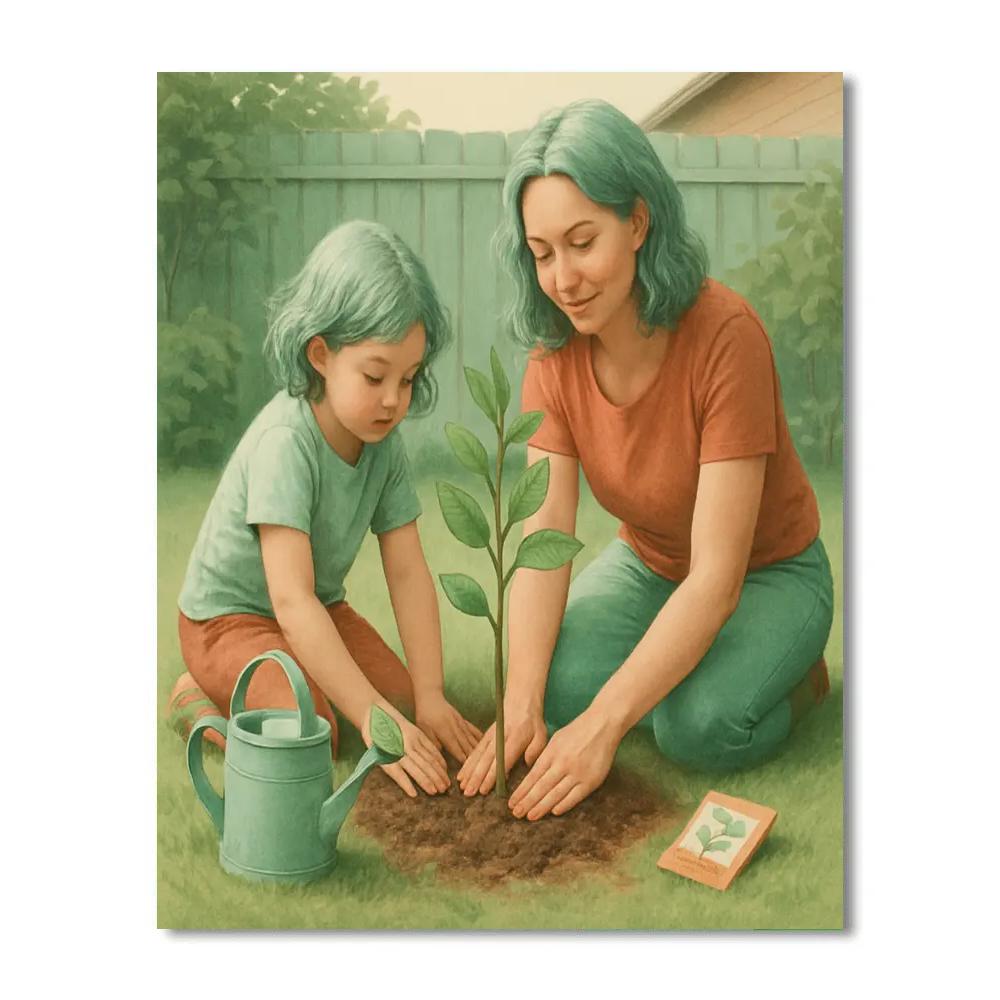 Mother And Child Planting A Tree Together Number painting