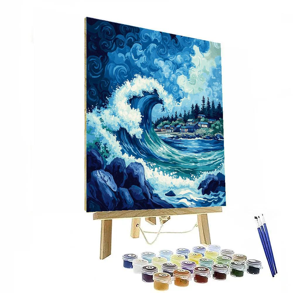 Hokusai Inspired Great Wave Over Village painting number kit