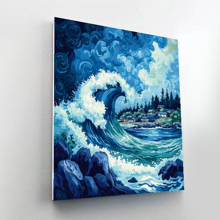 Hokusai Inspired Great Wave Over Village painting number kit