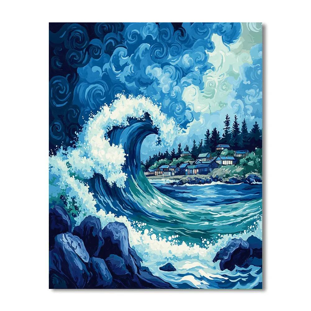 Hokusai Inspired Great Wave Over Village painting number kit