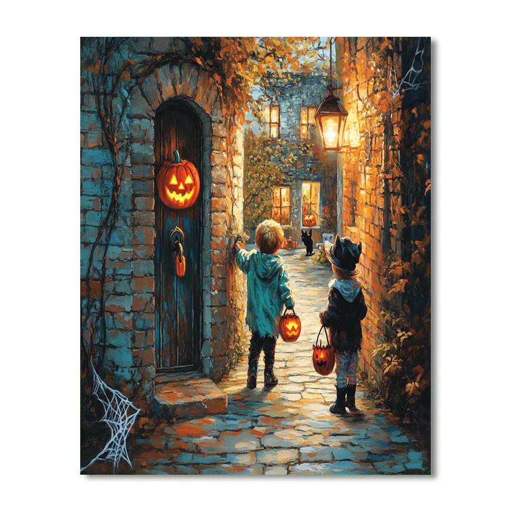 Moonlit Trick Or Treaters In Haunted Alley Paint by numbers art