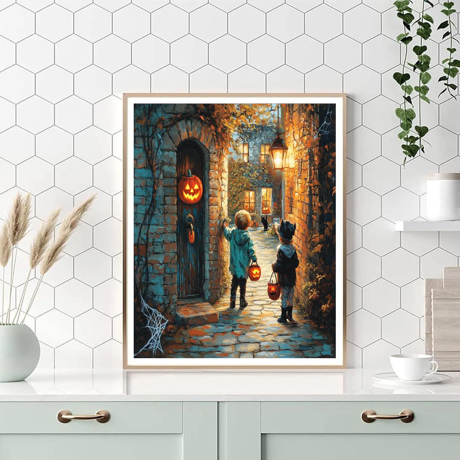 Moonlit Trick Or Treaters In Haunted Alley Paint by numbers art