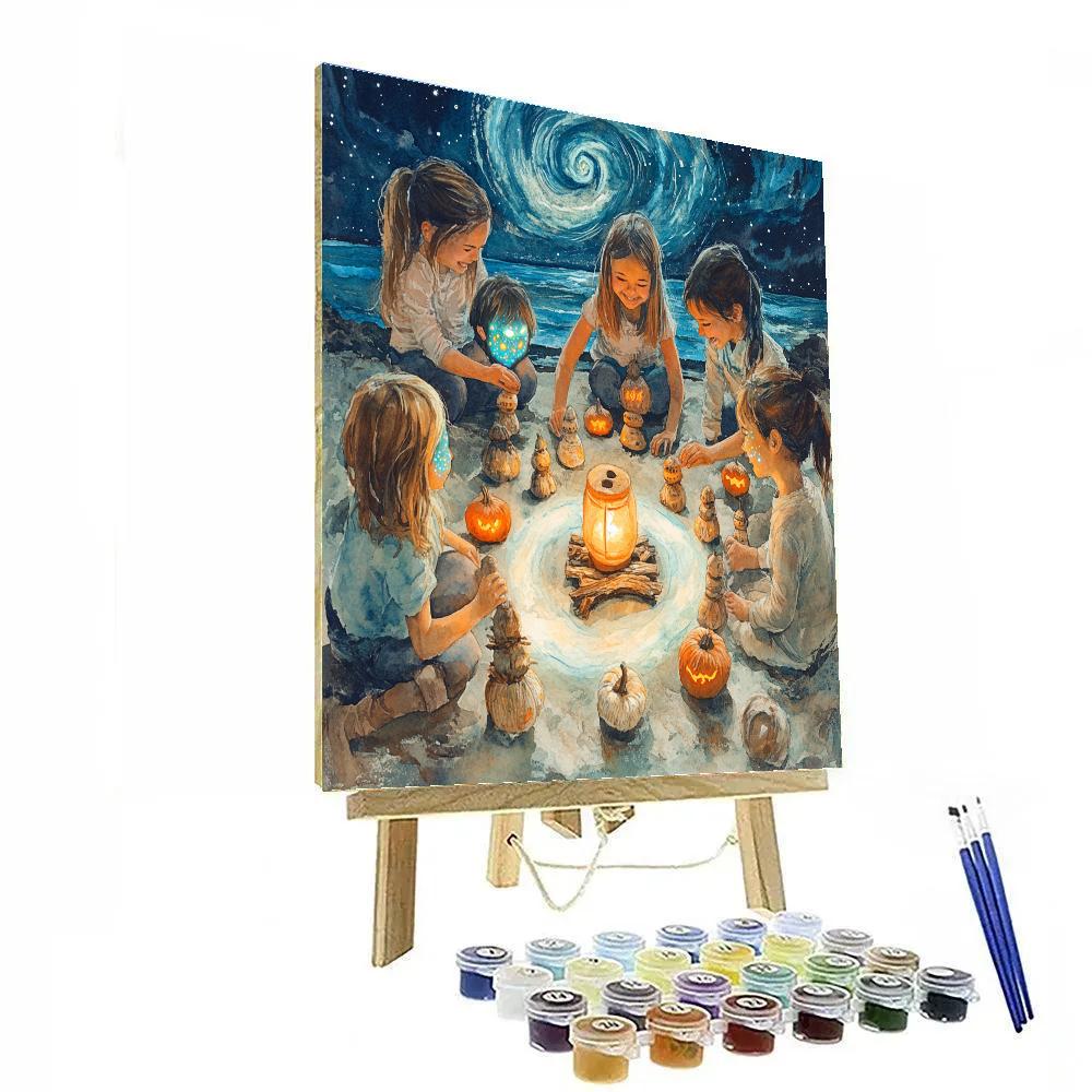 Children Carving Cosmic Totems Haunted Night paint by number