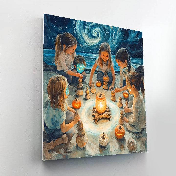 Children Carving Cosmic Totems Haunted Night paint by number