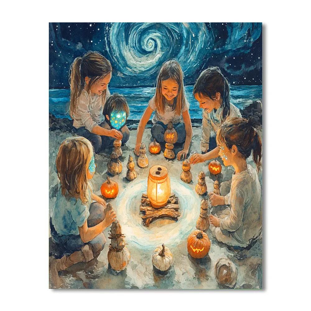 Children Carving Cosmic Totems Haunted Night paint by number