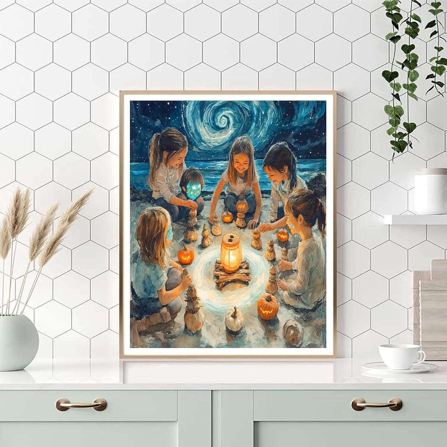 Children Carving Cosmic Totems Haunted Night paint by number