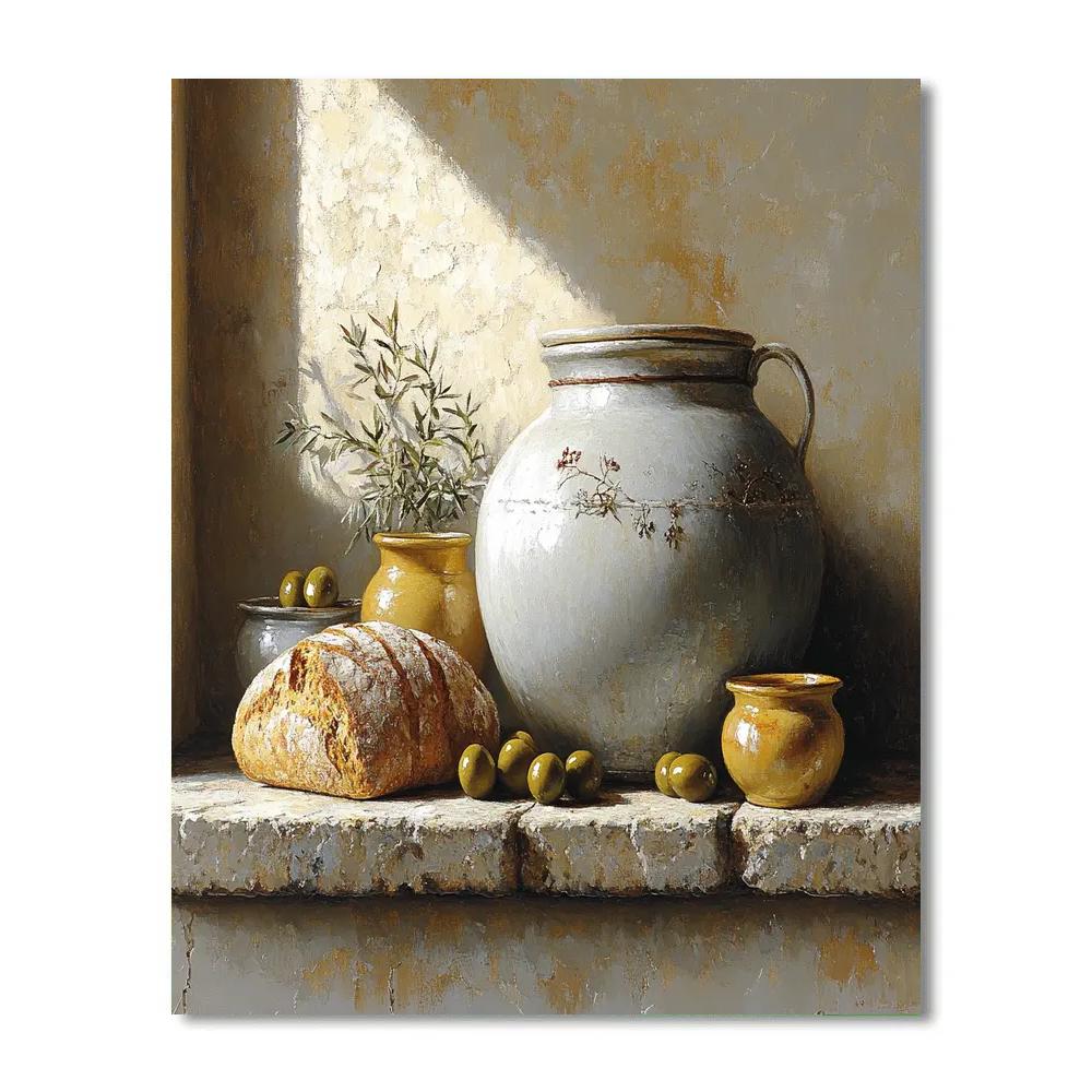 Diego Velázquez Inspired Ceramic Vessels With Olives And Bread Paint by numbers art