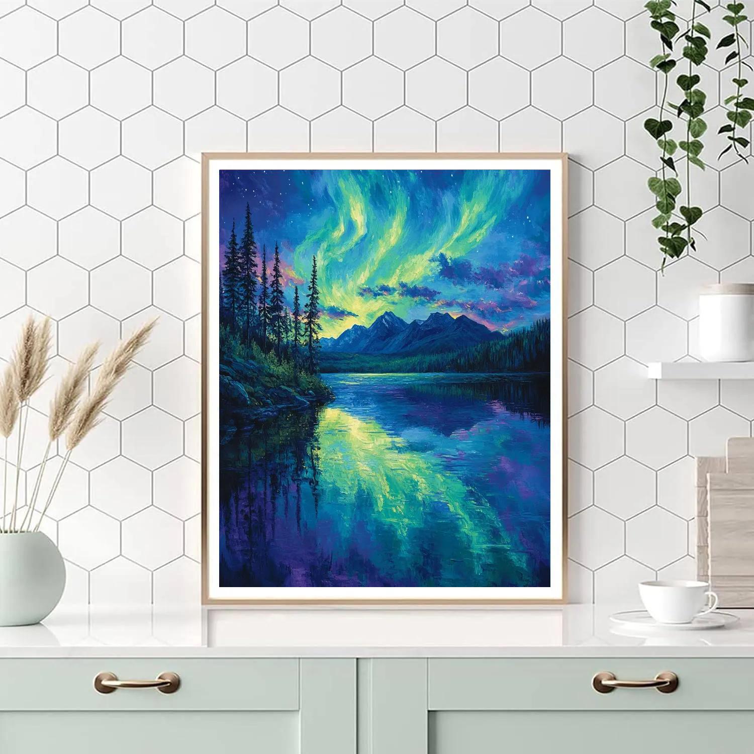 Frederick Varley Inspired Luminescent Aurora Over Serene Lakescape paint by numbers