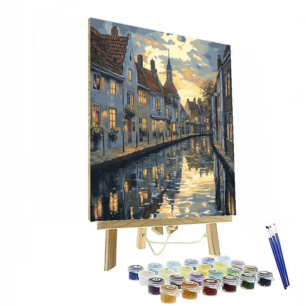 Johannes Vermeer Inspired Reflection On Canal And Gabled Rooftops paint by number