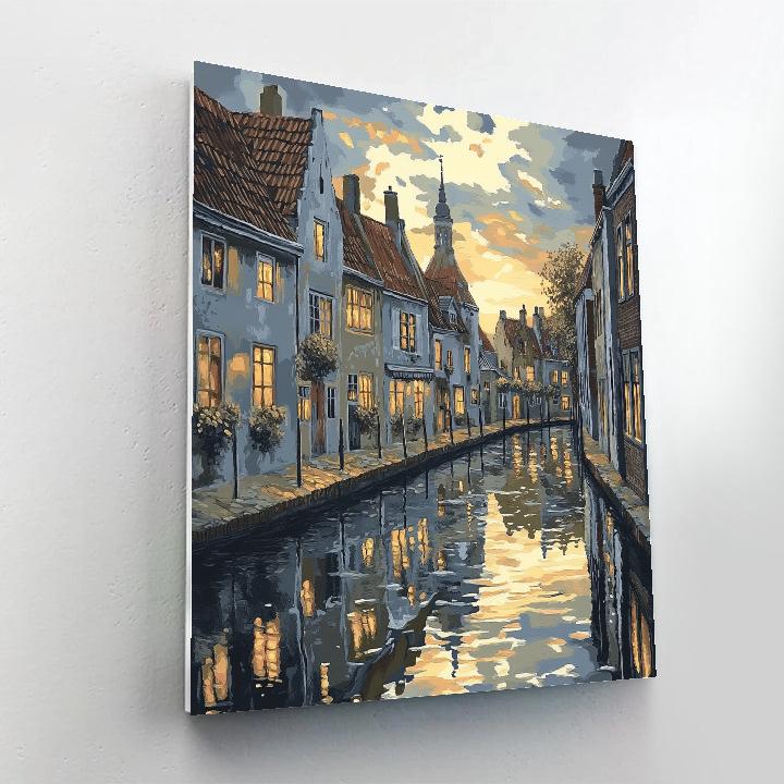 Johannes Vermeer Inspired Reflection On Canal And Gabled Rooftops paint by number