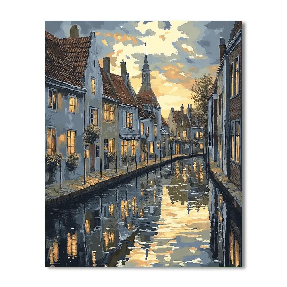 Johannes Vermeer Inspired Reflection On Canal And Gabled Rooftops paint by number