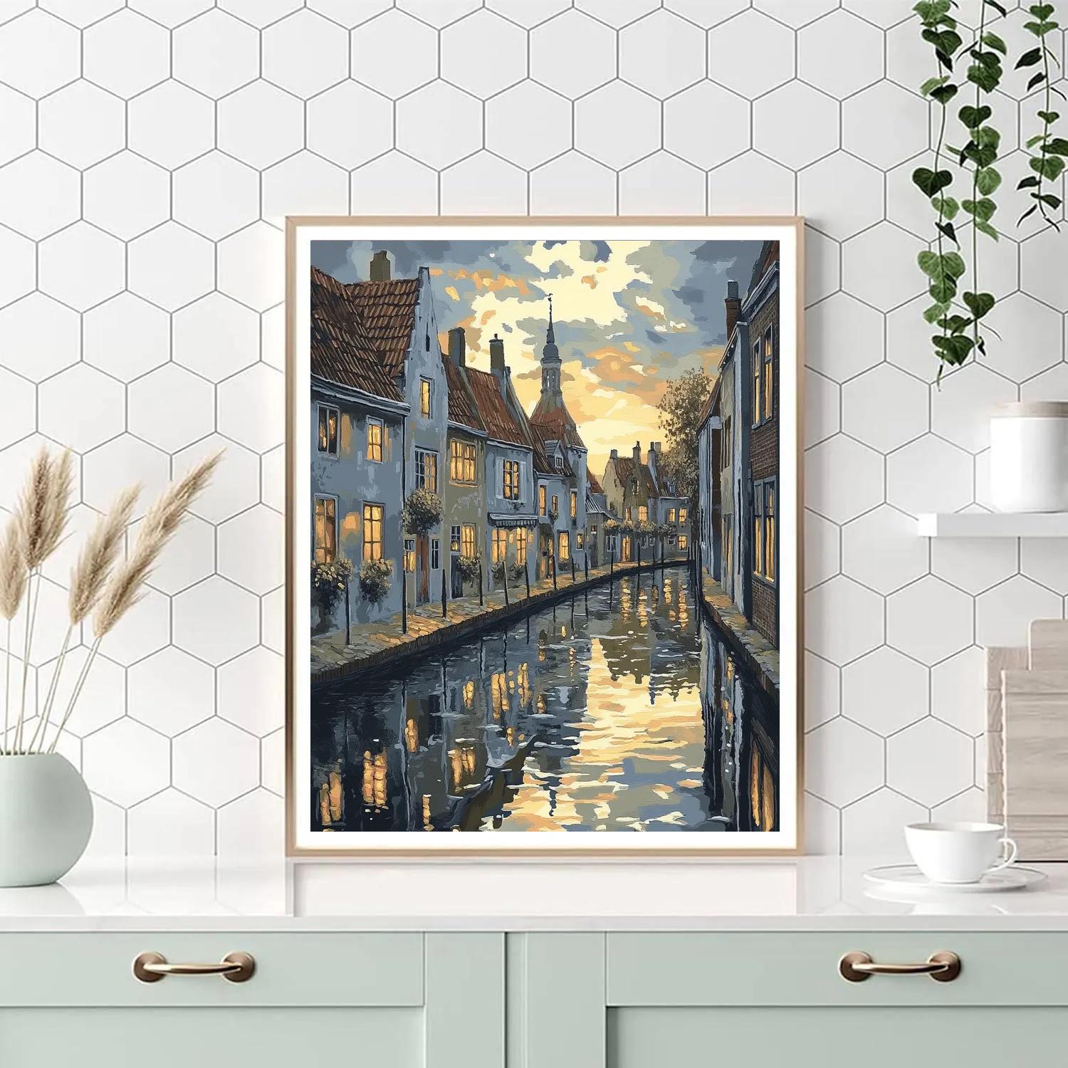 Johannes Vermeer Inspired Reflection On Canal And Gabled Rooftops paint by number