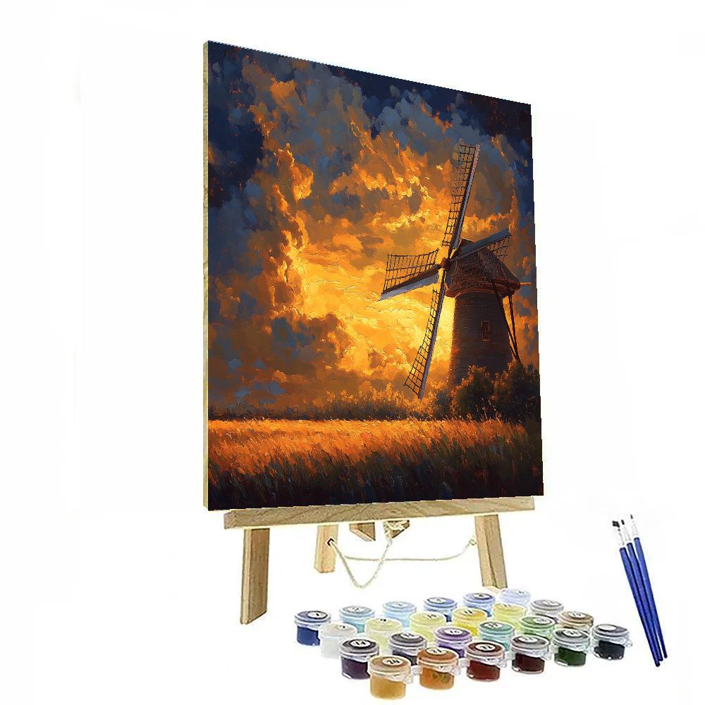 Windmill Silhouette In Rembrandt Inspired Golden Twilight DIY paint by numbers