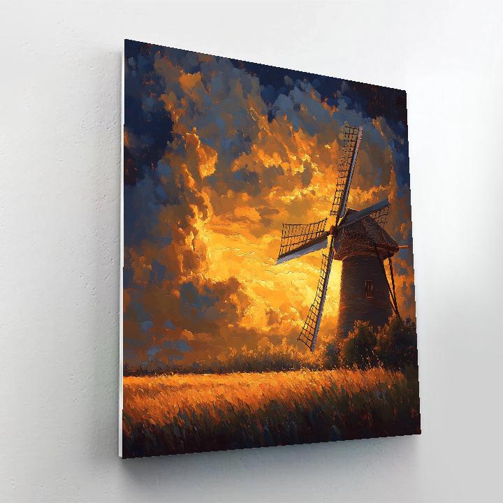 Windmill Silhouette In Rembrandt Inspired Golden Twilight DIY paint by numbers