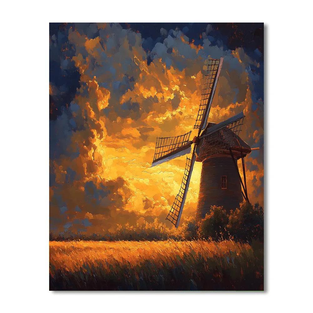 Windmill Silhouette In Rembrandt Inspired Golden Twilight DIY paint by numbers