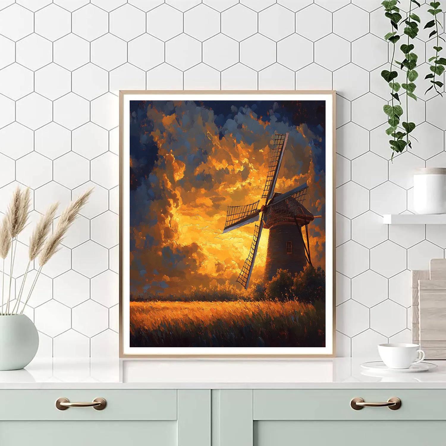 Windmill Silhouette In Rembrandt Inspired Golden Twilight DIY paint by numbers