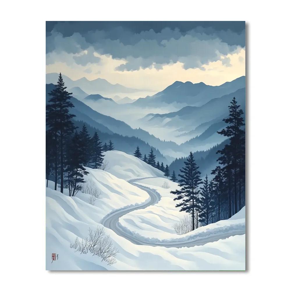 Hiroshige Inspired Snowy Mountain Pass Paint by numbers art