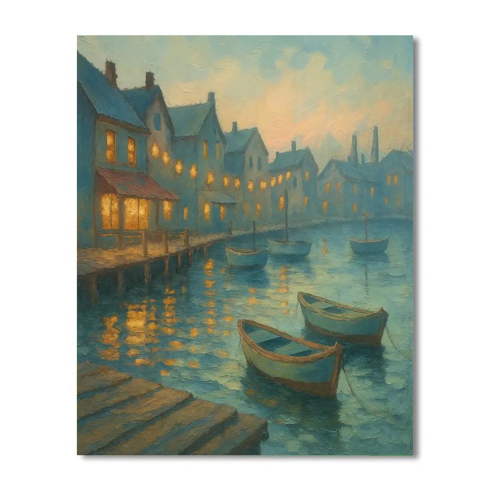 Cozy Harbor Town At Dawn paint by numbers
