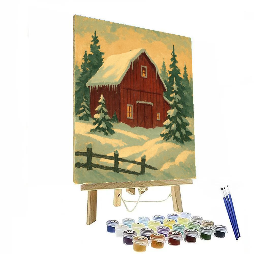 Crimson Barn In Winter Landscape Painting by numbers kit