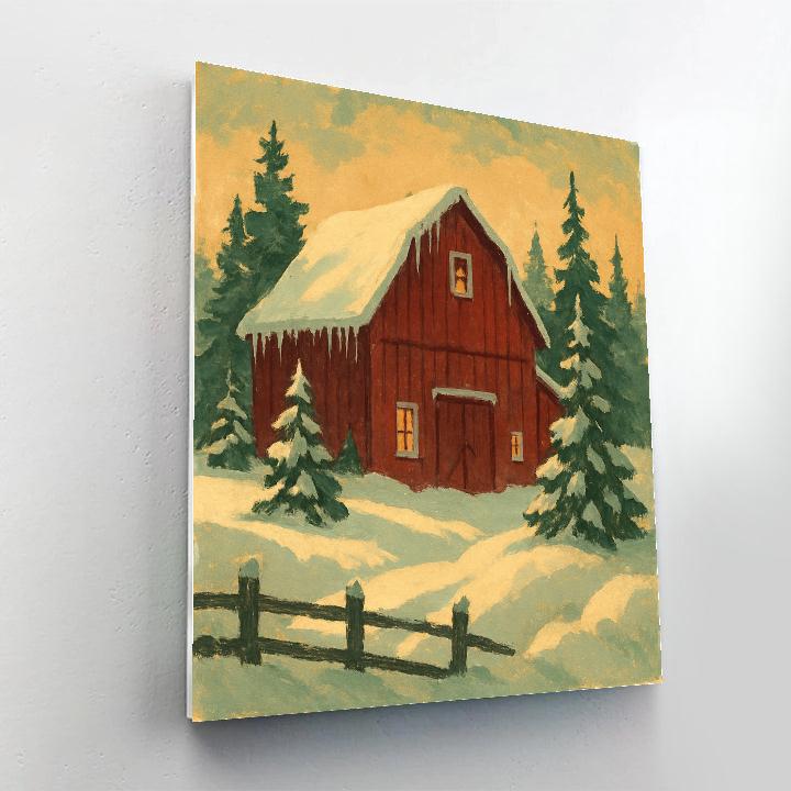Crimson Barn In Winter Landscape Painting by numbers kit