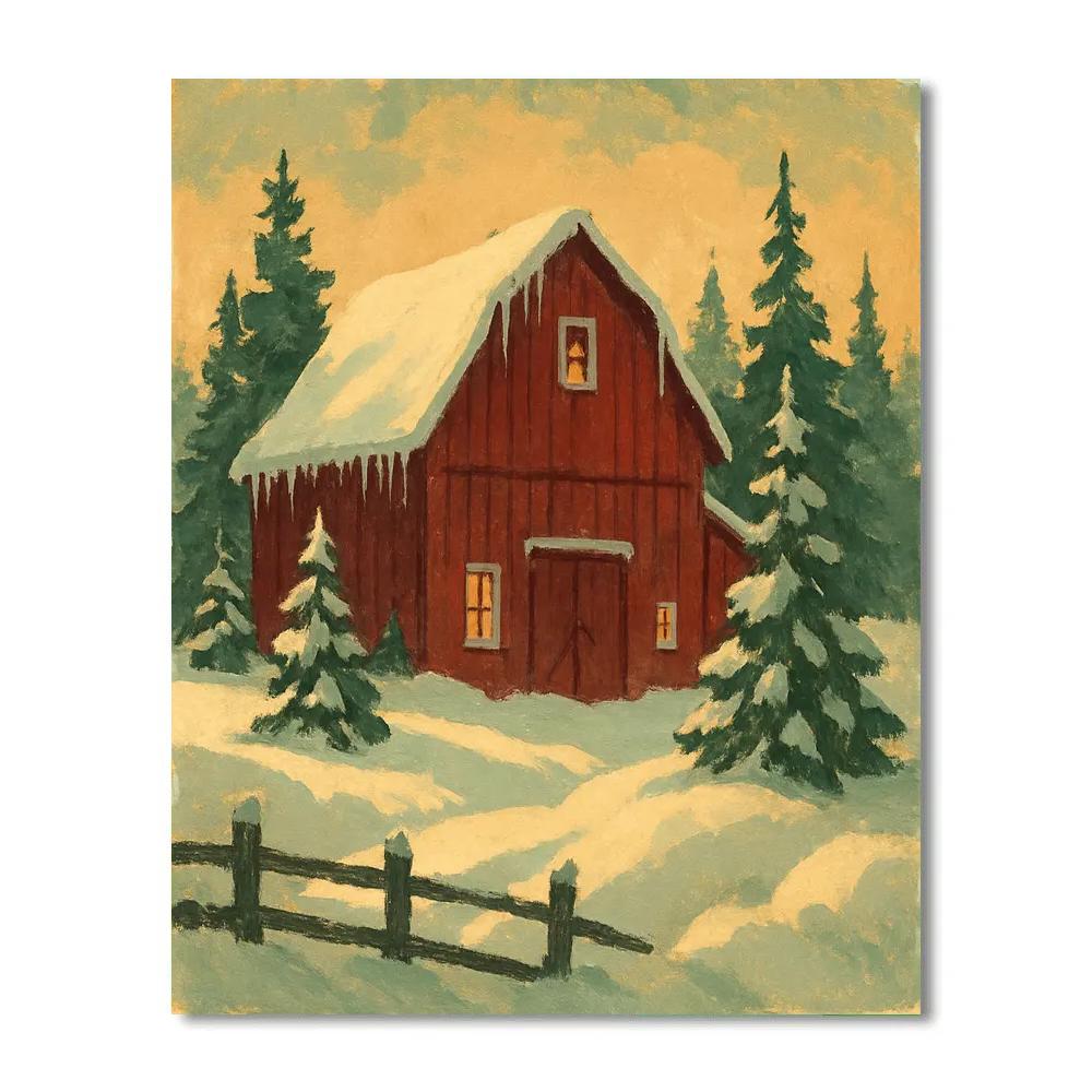 Crimson Barn In Winter Landscape Painting by numbers kit