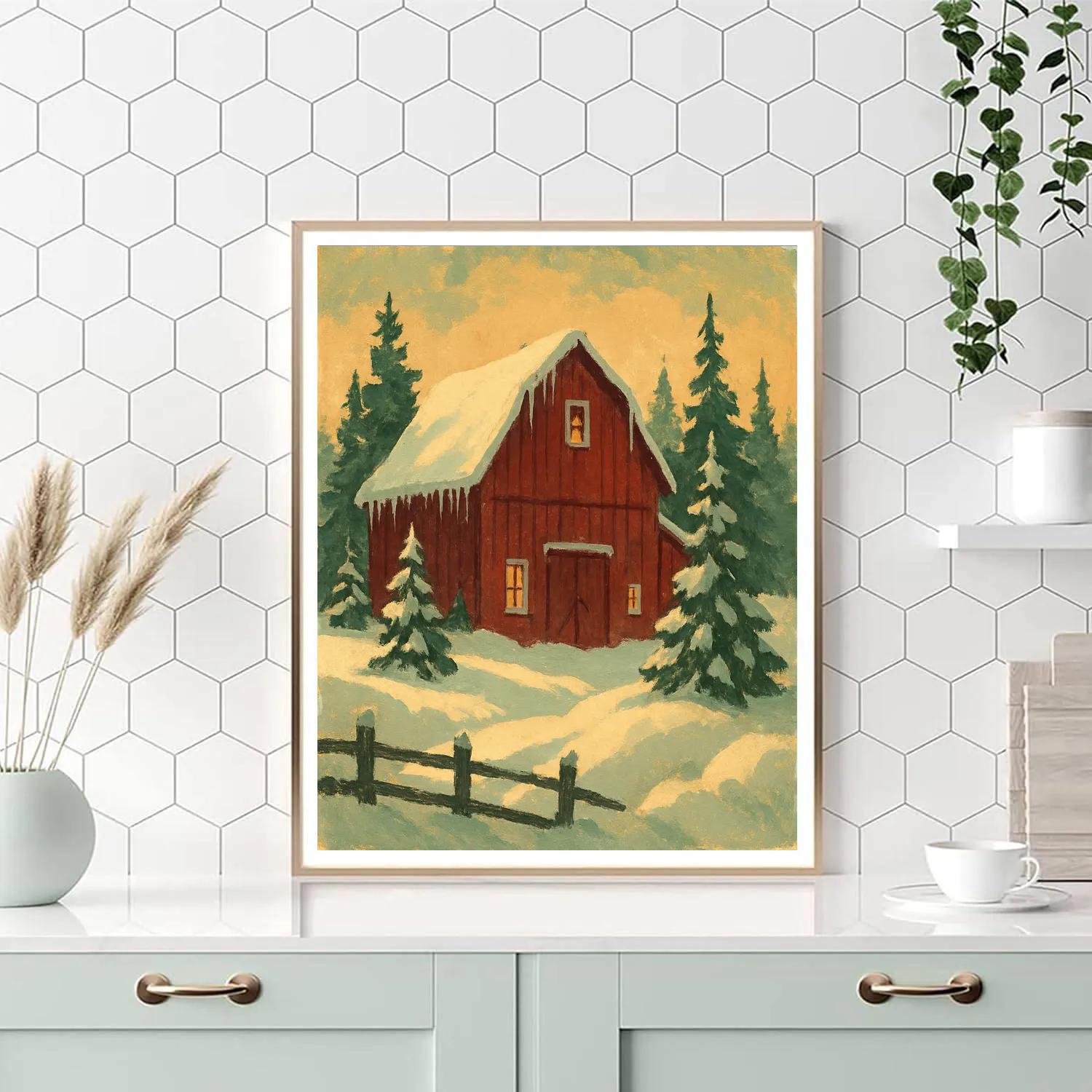 Crimson Barn In Winter Landscape Painting by numbers kit