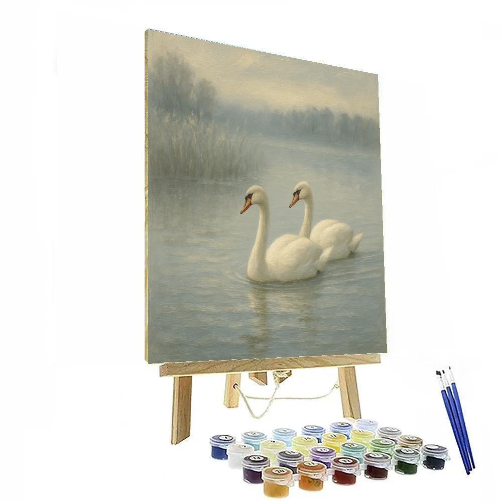 Misty Lake Swans At Dawn painting number kit