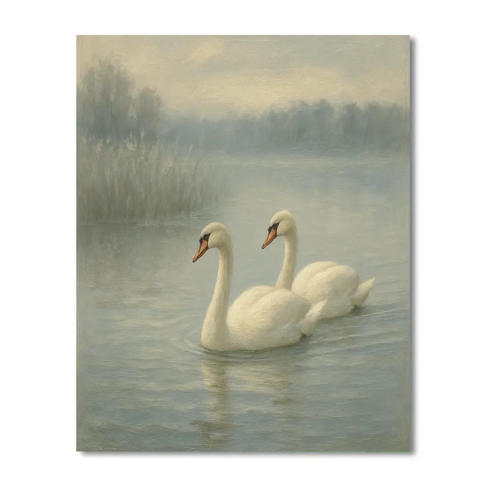 Misty Lake Swans At Dawn painting number kit