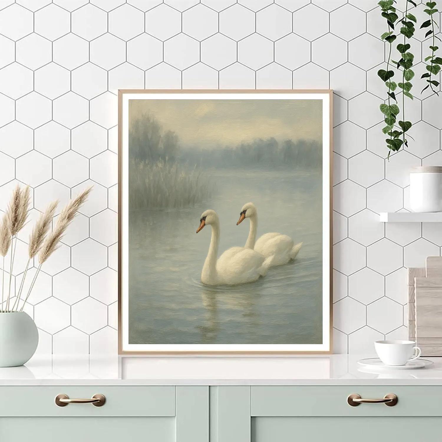 Misty Lake Swans At Dawn painting number kit