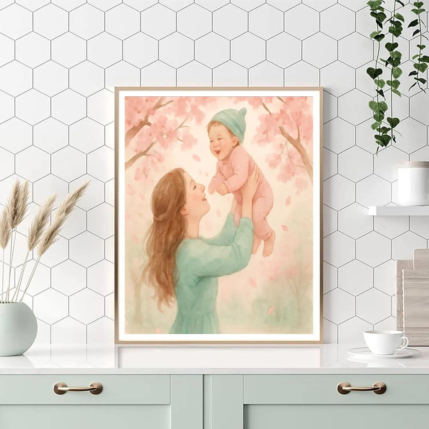 Mother Holding Child Under Cherry Blossoms DIY paint by numbers