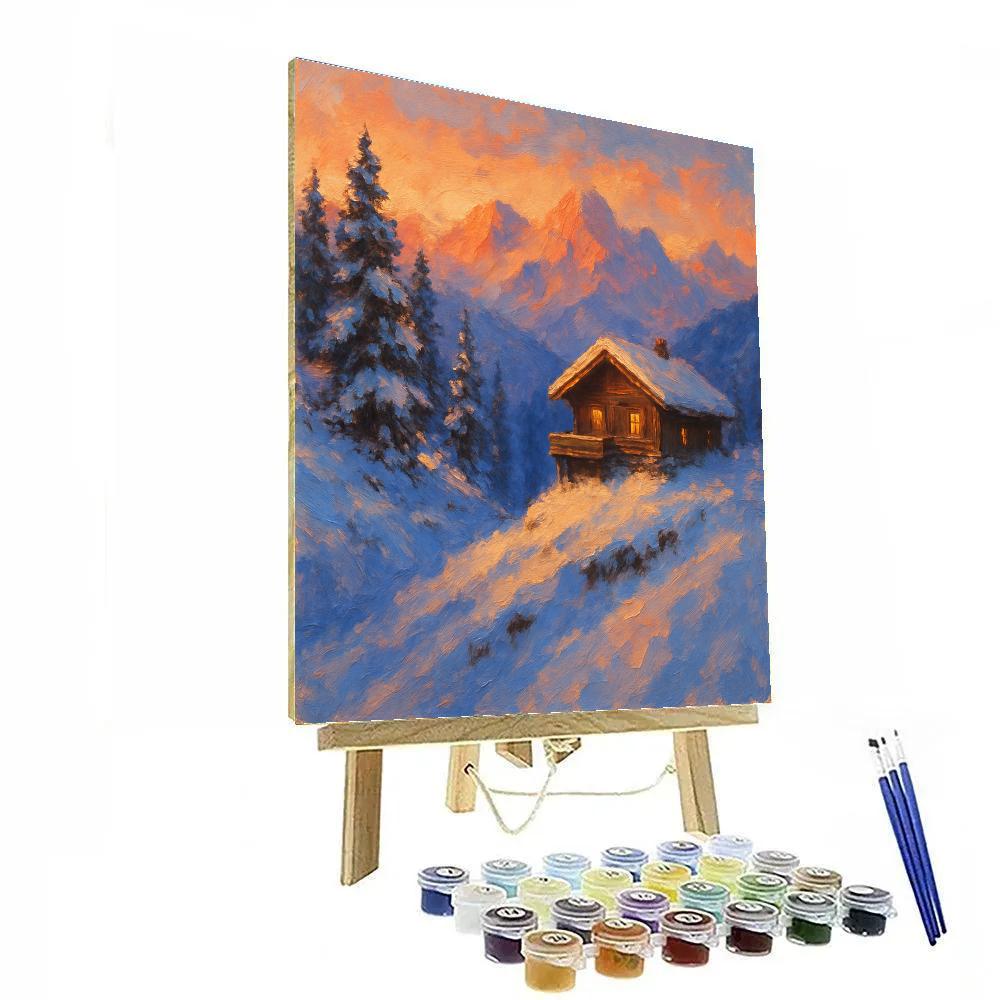 Mountain Chalet Sunset Winter Landscape paint by numbers