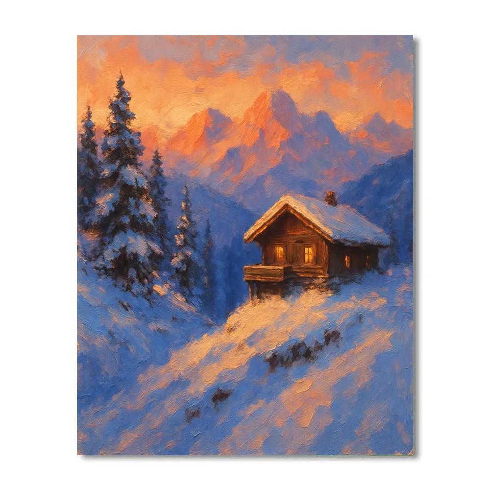 Mountain Chalet Sunset Winter Landscape paint by numbers