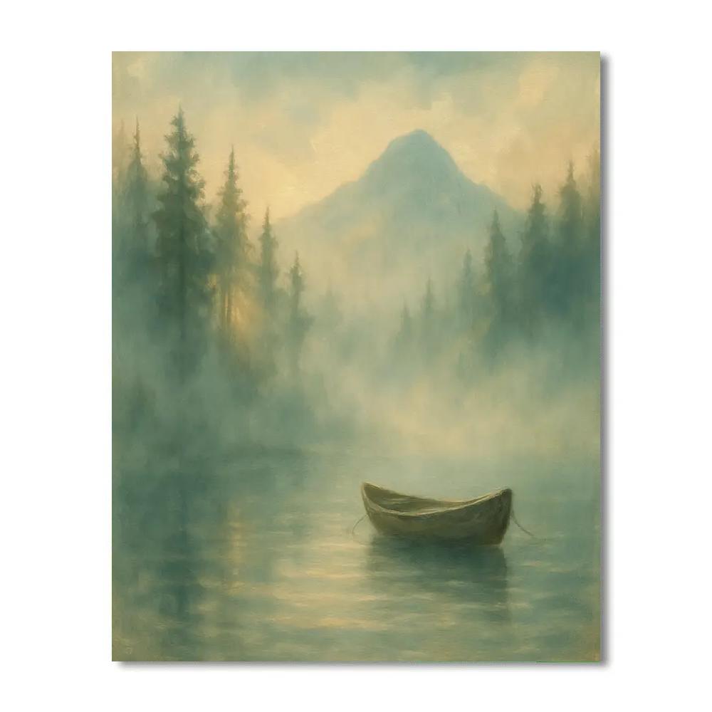 Morning Serenity Over Misty Pine Lake Number painting