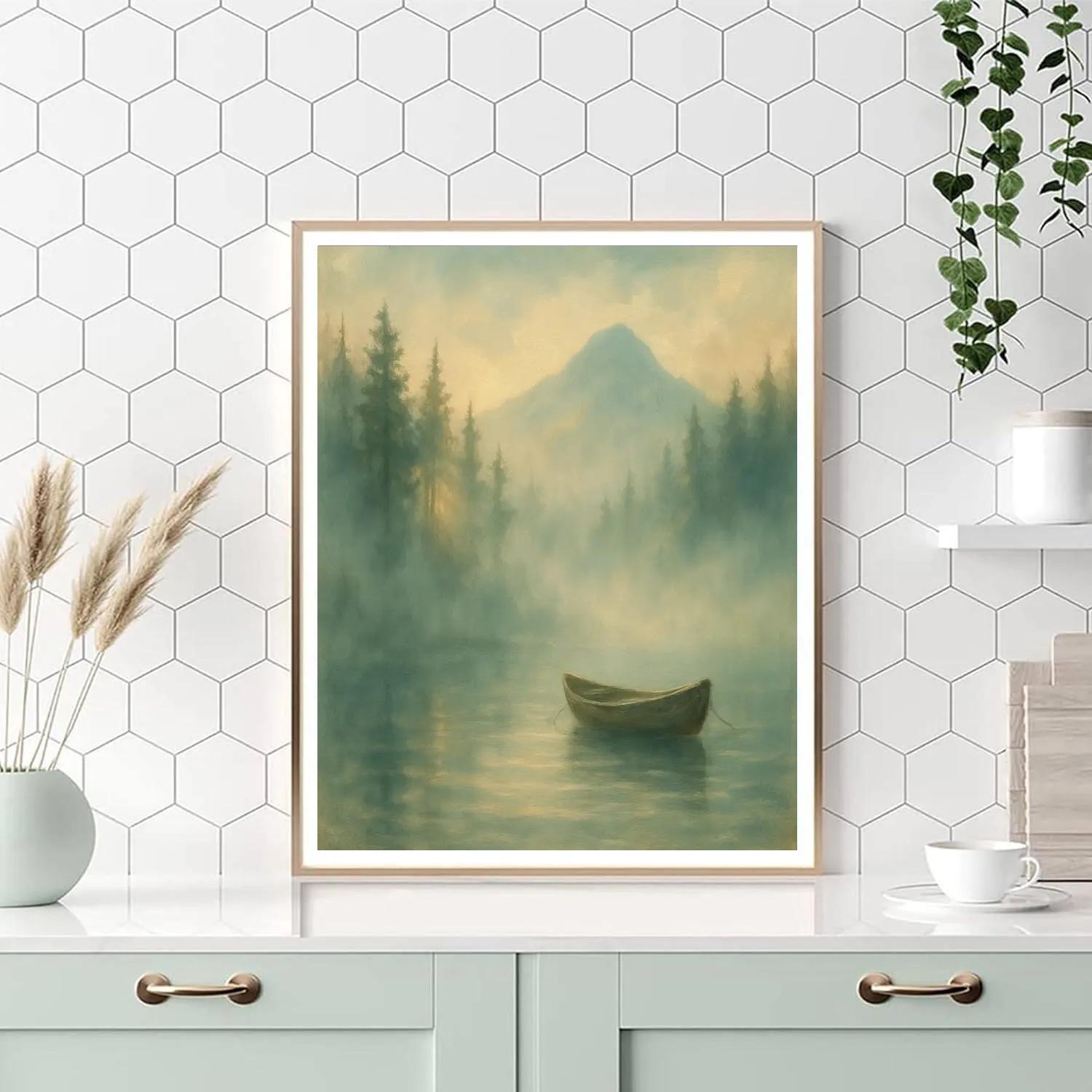 Morning Serenity Over Misty Pine Lake Number painting