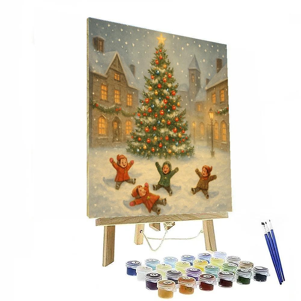Twinkling Tree In Snowy Town Square Number painting
