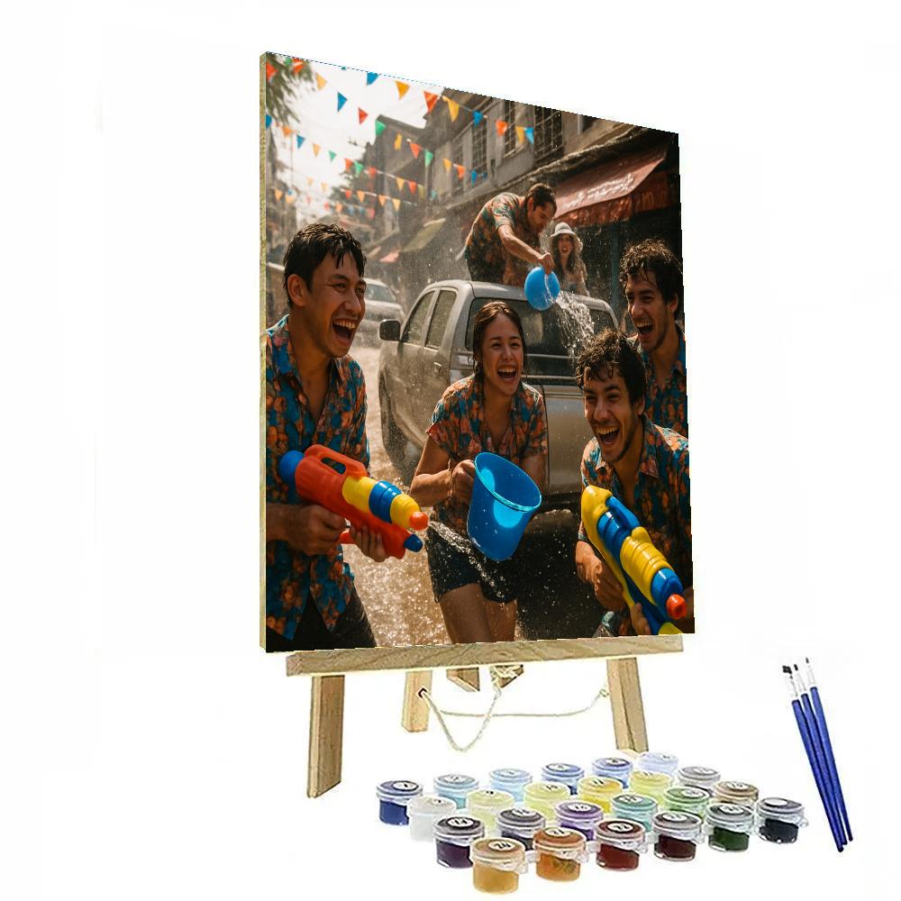 Songkran Water Fight In Bangkok Alley Paint by numbers kits