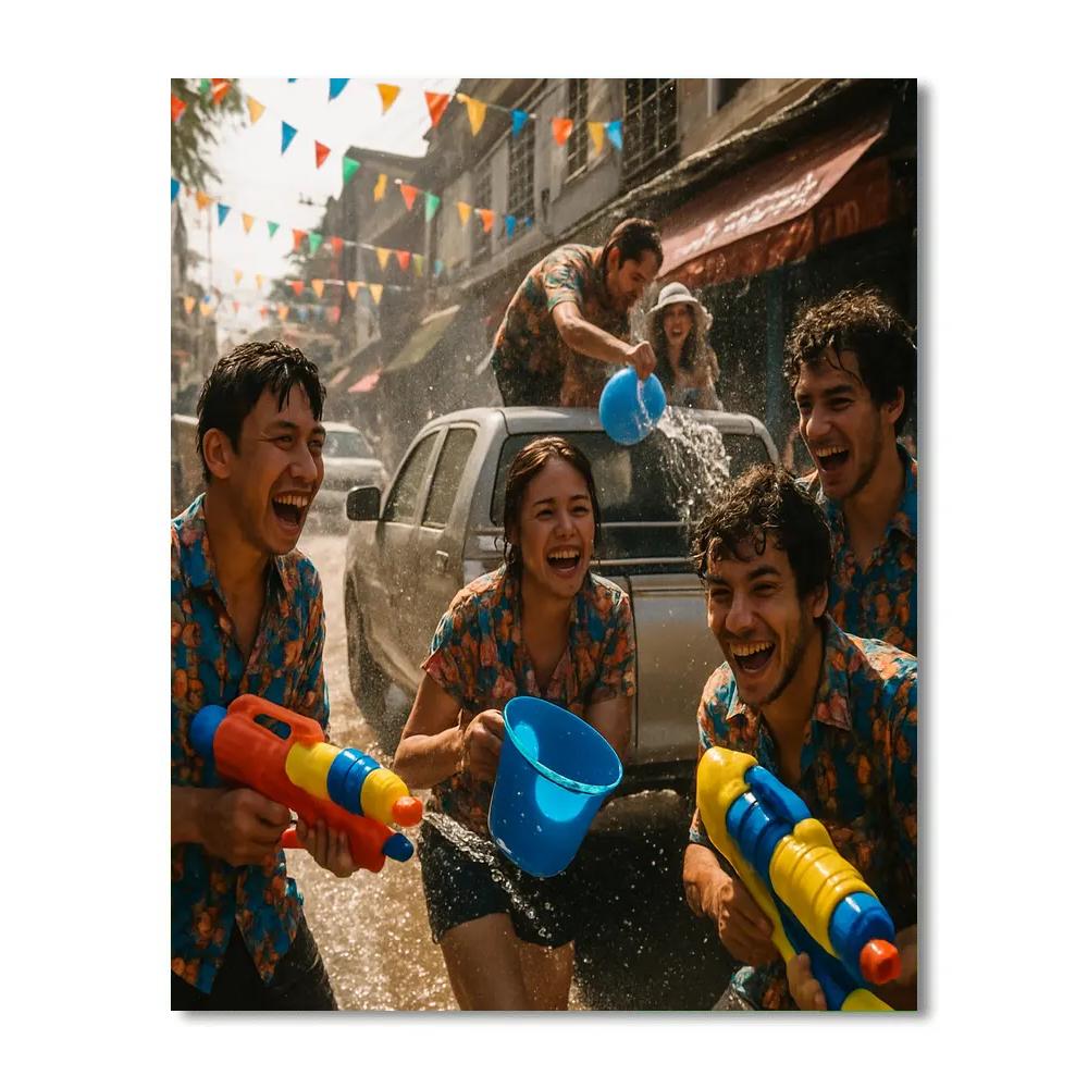 Songkran Water Fight In Bangkok Alley Paint by numbers kits