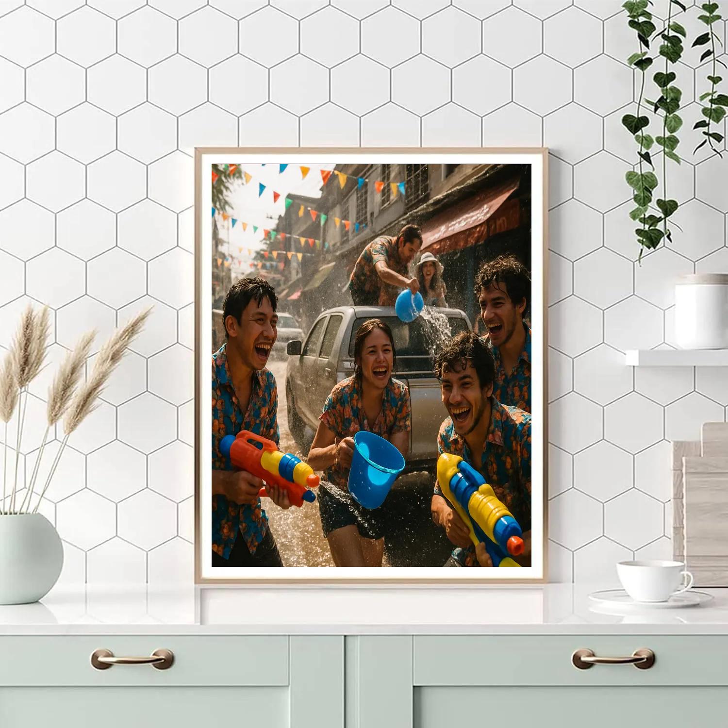 Songkran Water Fight In Bangkok Alley Paint by numbers kits