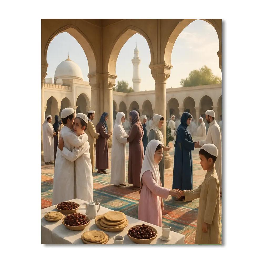 Eid Morning Community Feast At Mosque Courtyard paint by color